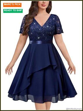 Sequin Lace Plus Size Midi Dress V-Neck Ruffle Sleeve Party